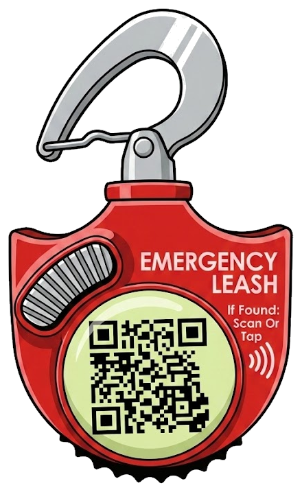 The Emergency Leash tag with its QR code and NFC chip