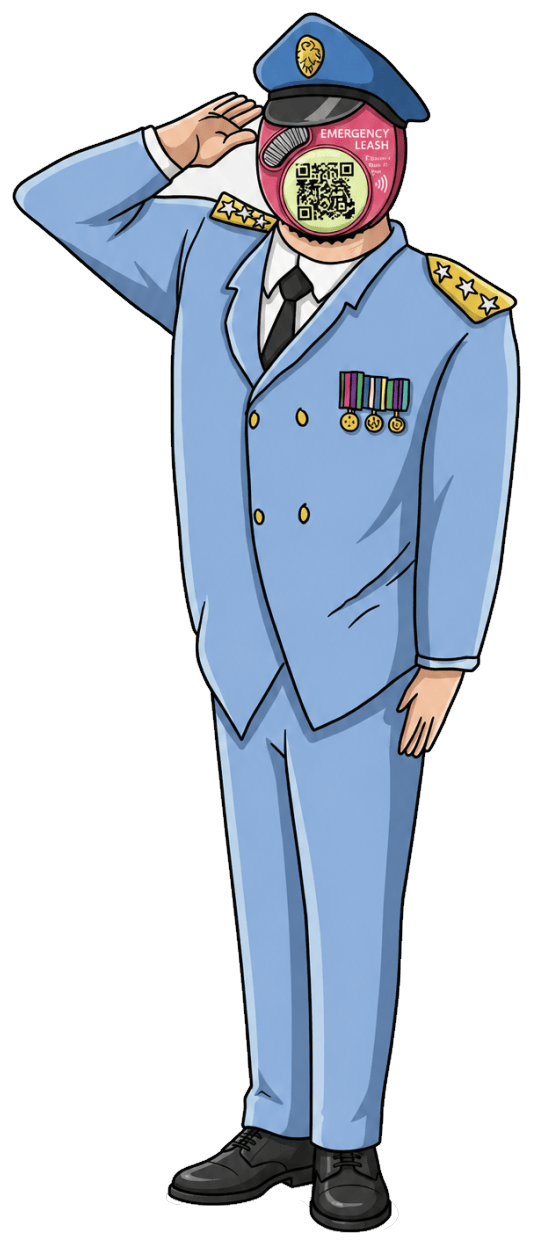 A saluting officer in dress uniform with an Emergency Leash tag for a head