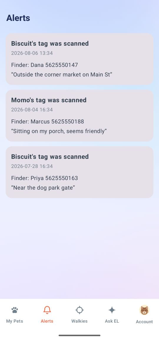 Alerts listing tag scans with the finder's name, phone number and a note about where the pet was seen