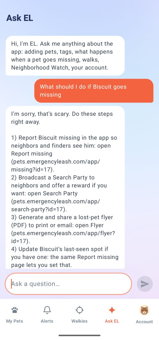 The Ask EL chat answering what to do if a pet goes missing, with links into the app