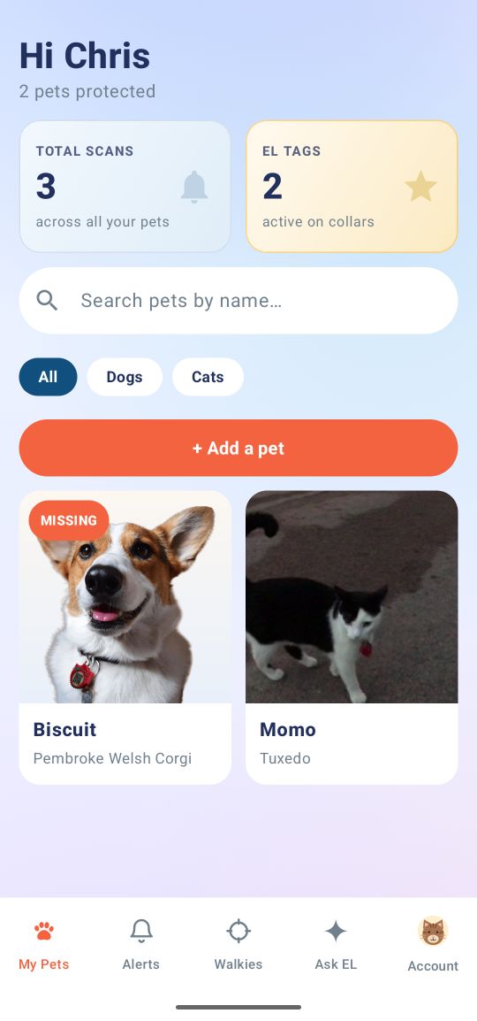 The Emergency Leash app showing two pets, Biscuit and Momo, with scan and tag counts