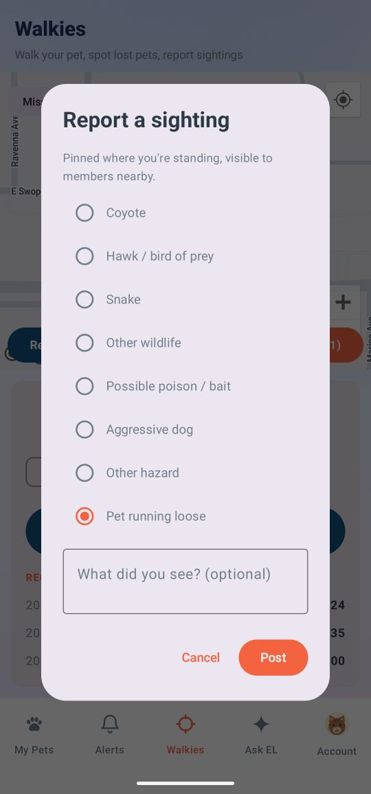 Reporting a sighting, with options for coyote, hawk, snake, poison, aggressive dog and a pet running loose