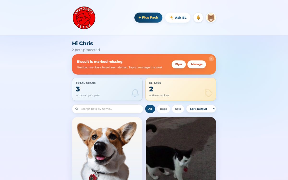 The web app dashboard showing both pets, a missing-pet banner and scan and tag totals