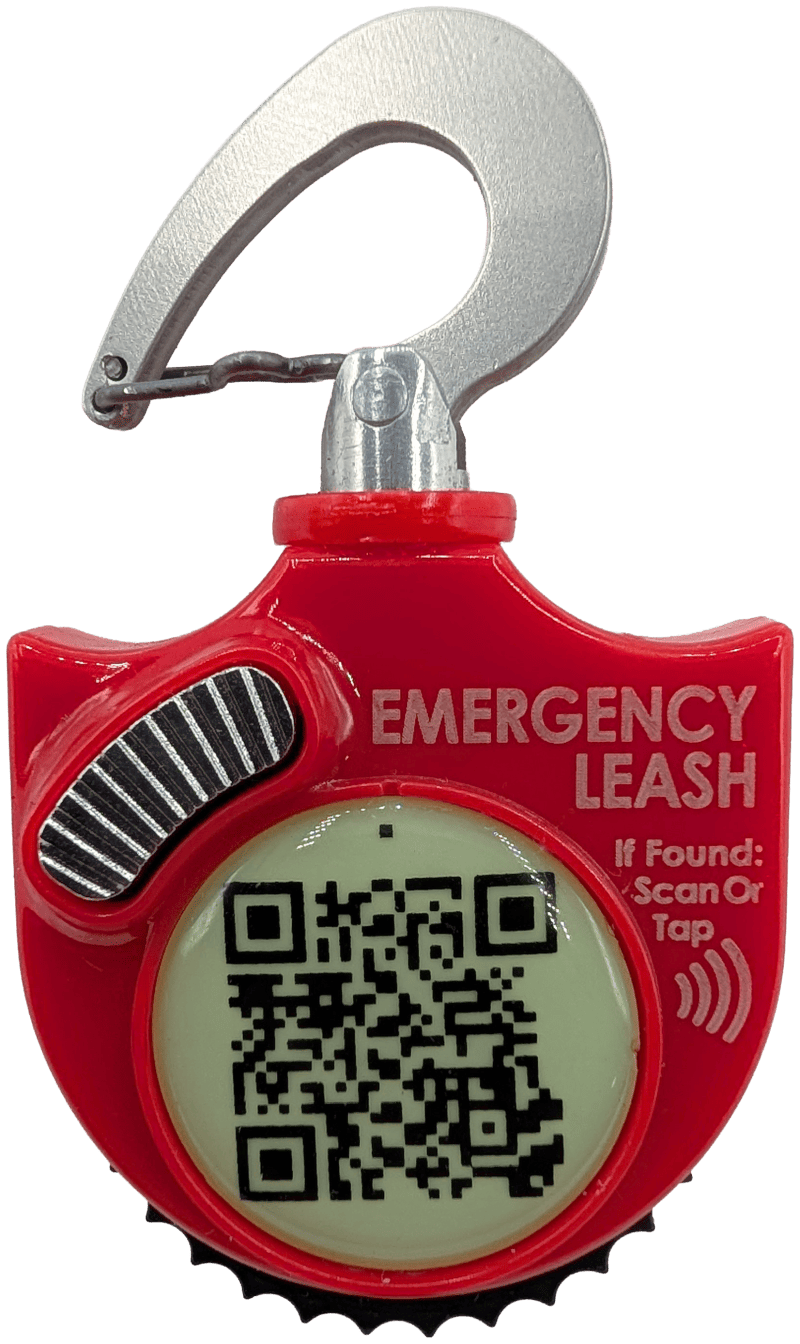 The Emergency Leash: a compact red leash and ID tag that clips onto a pet's collar