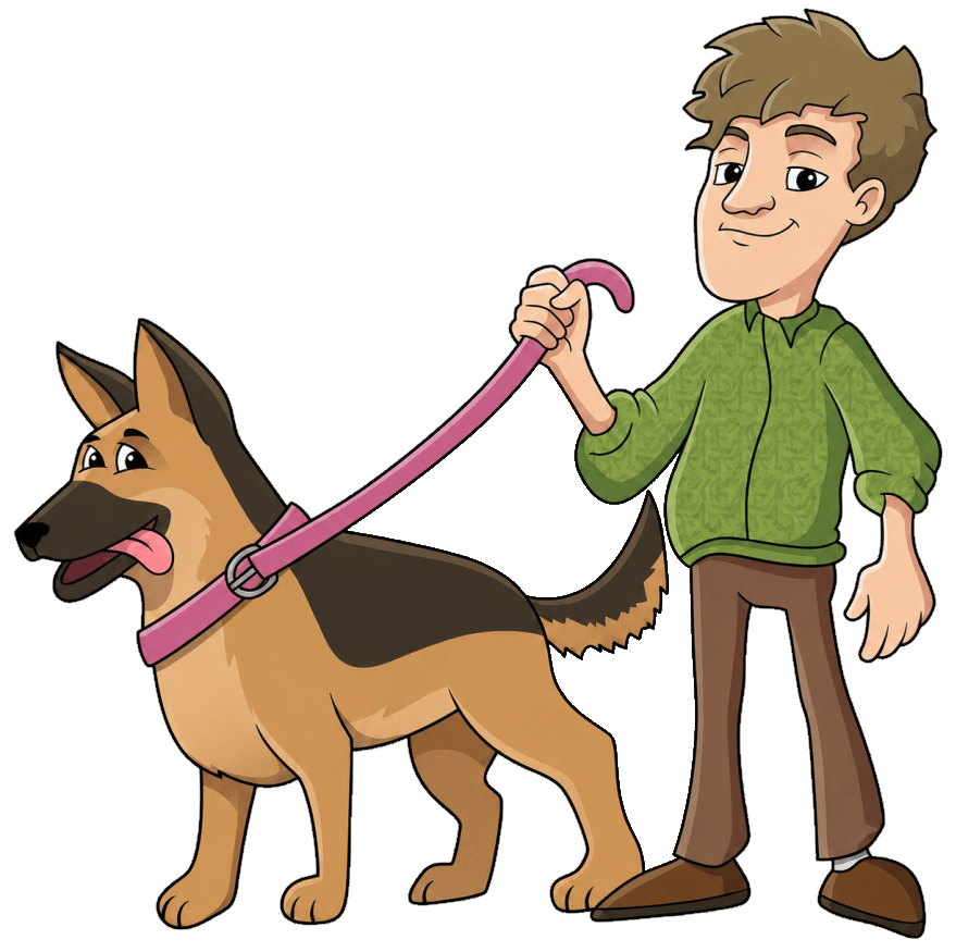 The founder walking his German Shepherd using his belt as a makeshift leash