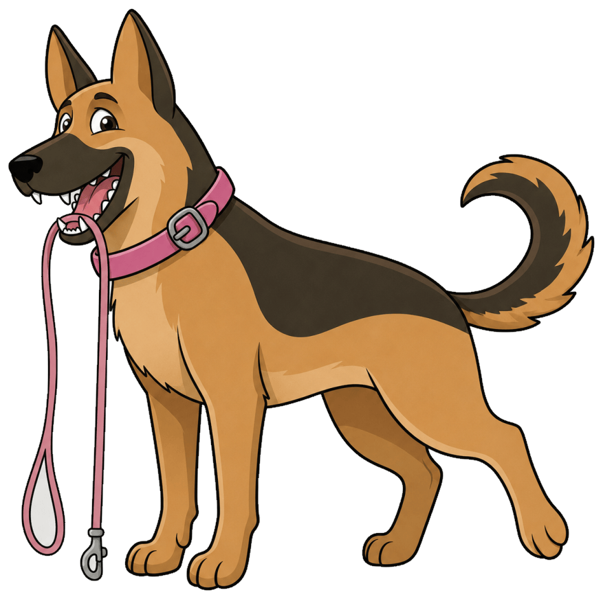 A happy German Shepherd carrying its own leash in its mouth