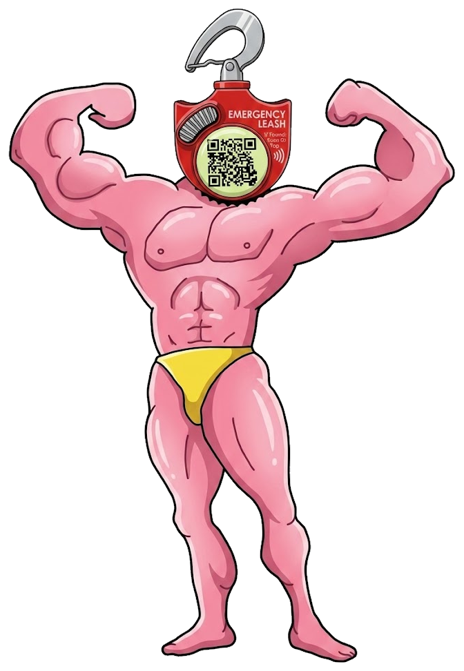 A cartoon bodybuilder with an Emergency Leash tag for a head, flexing