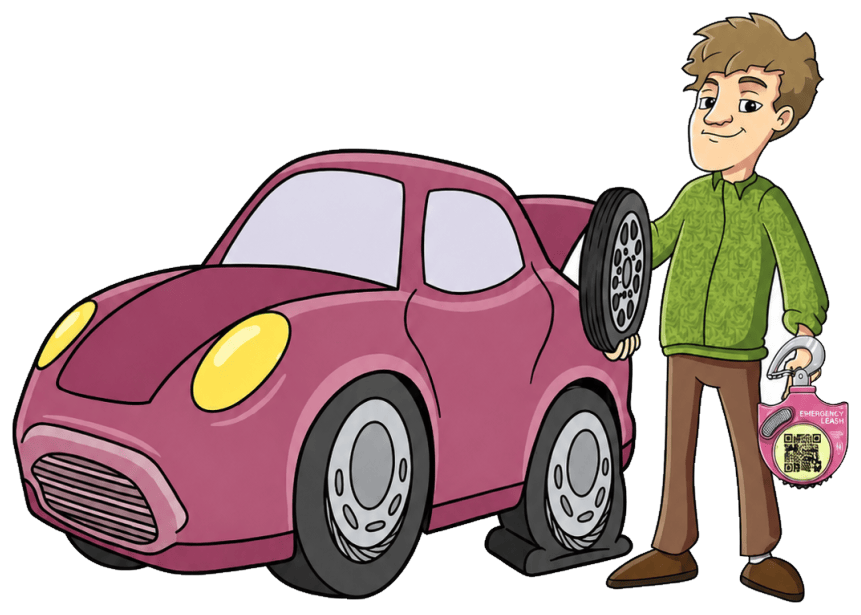 A man holding a spare tire next to his car, with an Emergency Leash in his other hand
