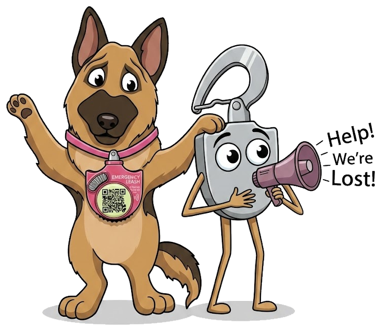 A worried lost dog wearing an Emergency Leash tag while the clasp shouts Help, we're lost, into a megaphone
